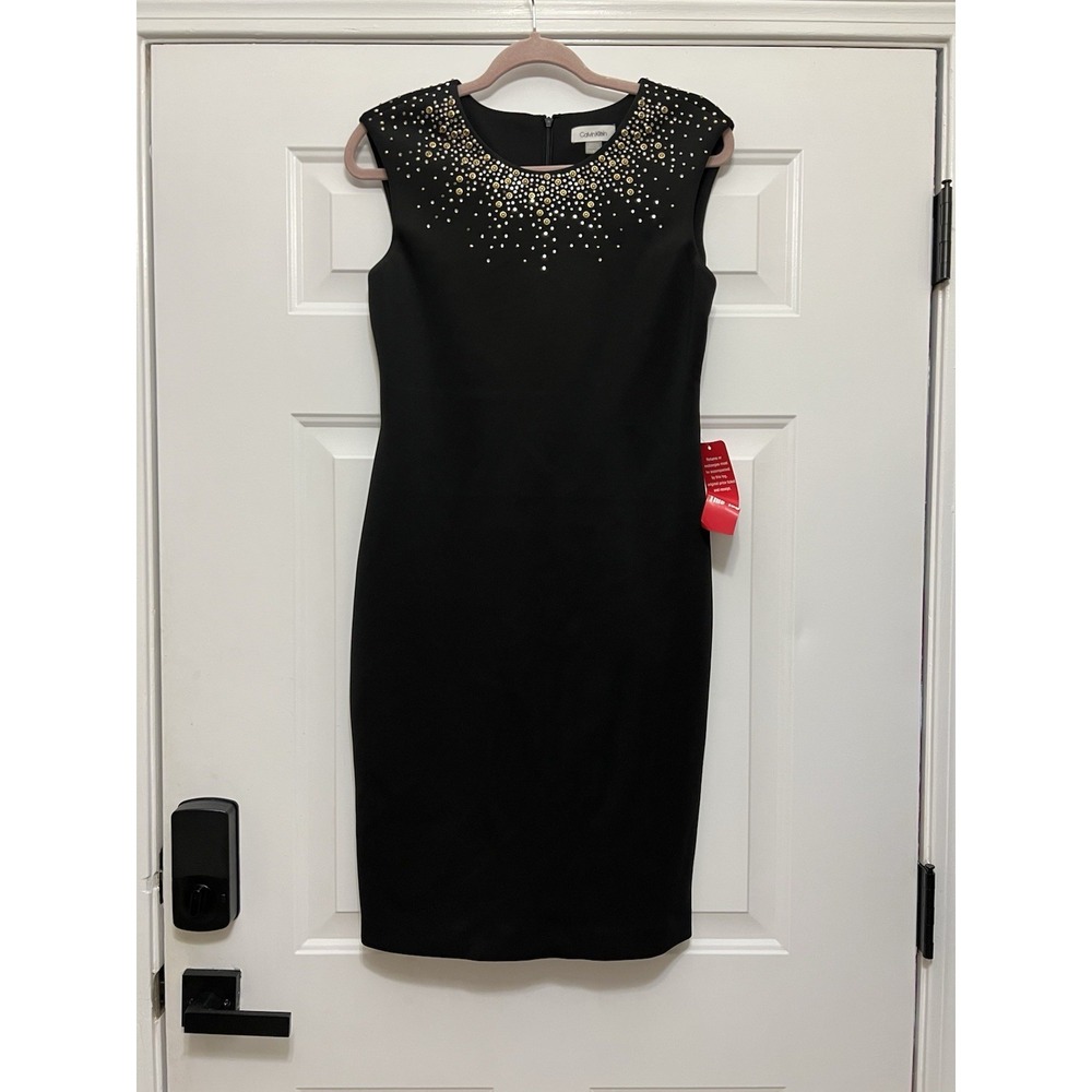 Calvin Klein Elegant BLACK Gold Embellished Scuba Dress sz 6 Party Evening